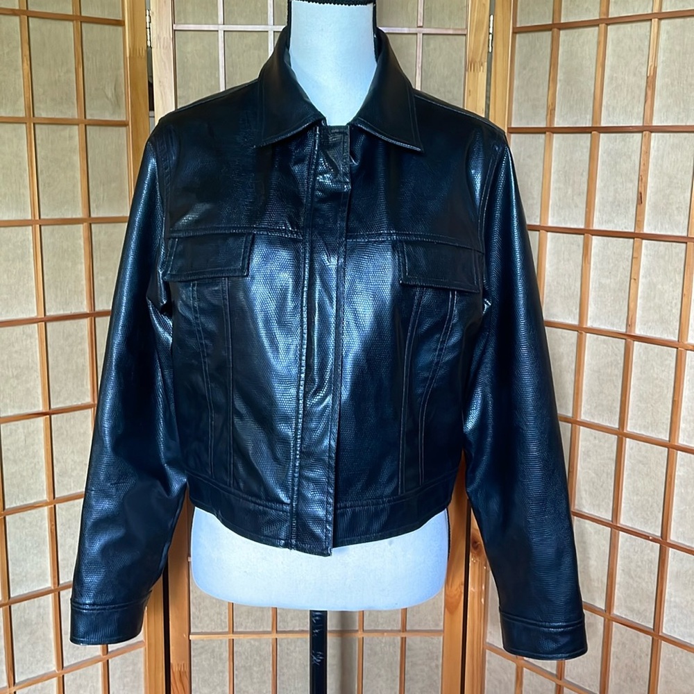 FU DA Jacket Black Textured Faux Leather Long Sleeves Layering Jacket